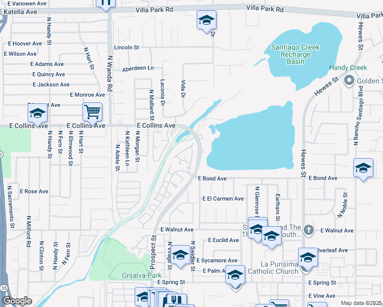 map of restaurants, bars, coffee shops, grocery stores, and more near 808 North Siavohn Drive in Orange