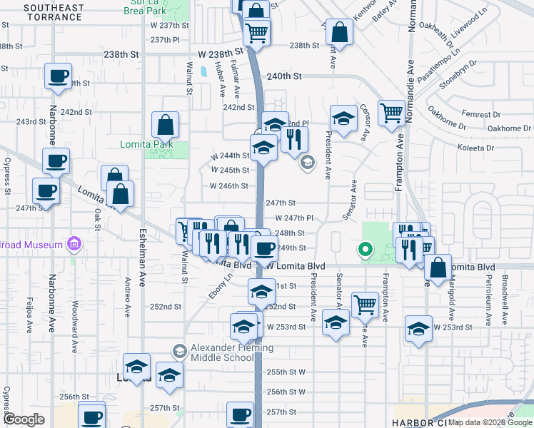 map of restaurants, bars, coffee shops, grocery stores, and more near 12 247th Street in Los Angeles