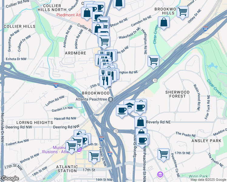 map of restaurants, bars, coffee shops, grocery stores, and more near 1735 Peachtree Road Northeast in Atlanta