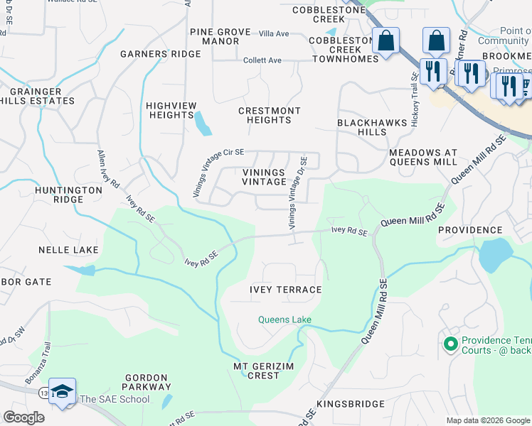 map of restaurants, bars, coffee shops, grocery stores, and more near 514 Vinings Oaks Run Southeast in Mableton
