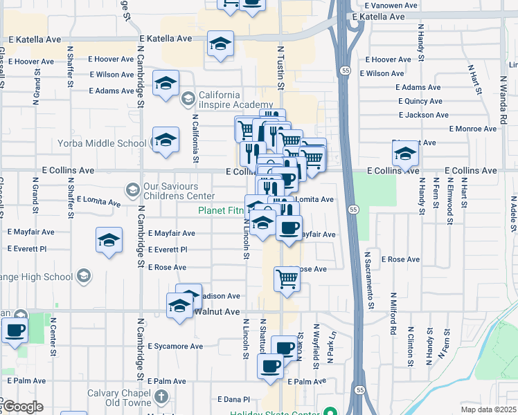 map of restaurants, bars, coffee shops, grocery stores, and more near 796 North Shattuck Place in Orange