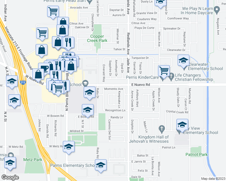 map of restaurants, bars, coffee shops, grocery stores, and more near 303 Momento Avenue in Perris