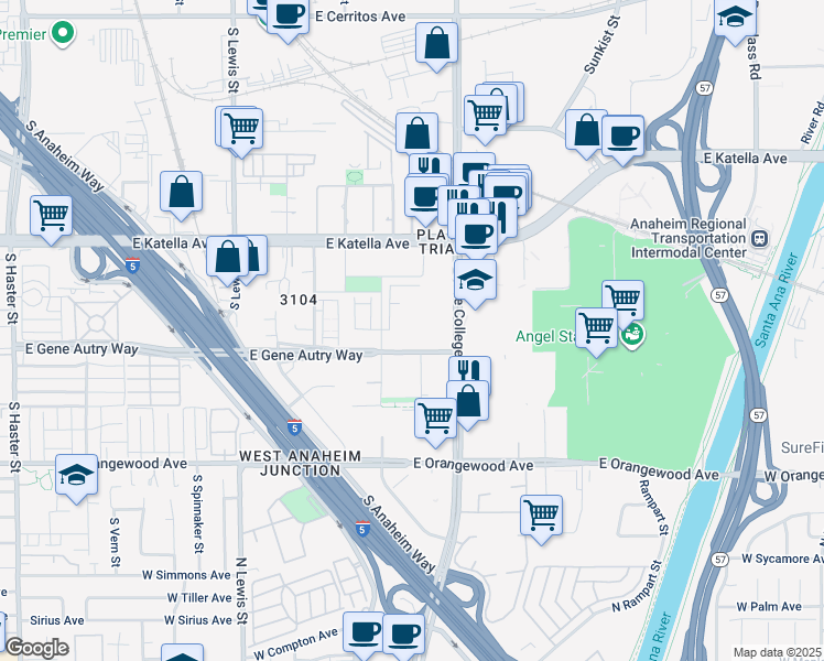 map of restaurants, bars, coffee shops, grocery stores, and more near 1607 East Gene Autry Way in Anaheim