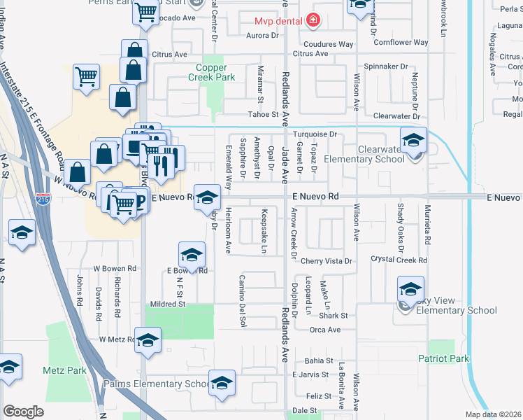map of restaurants, bars, coffee shops, grocery stores, and more near 333 Momento Avenue in Perris