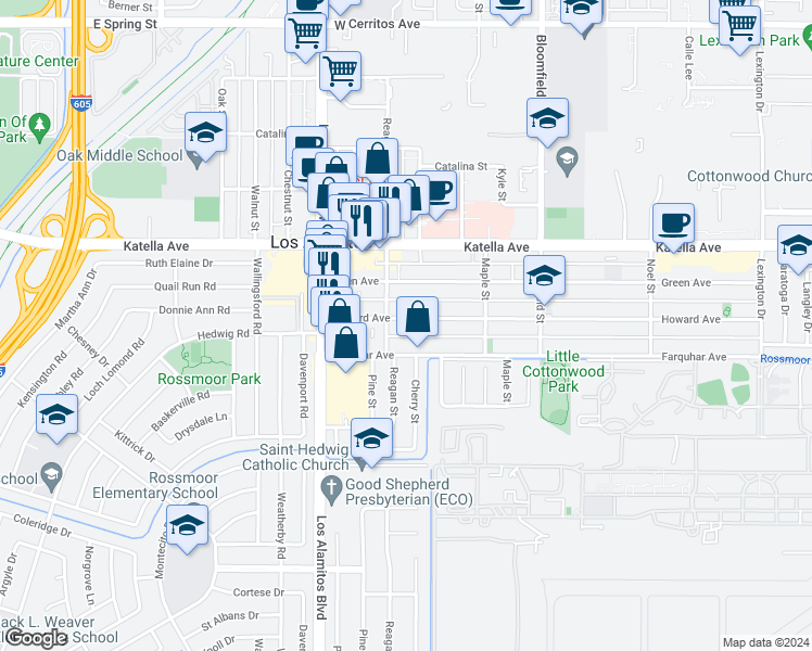 map of restaurants, bars, coffee shops, grocery stores, and more near 3696 Howard Avenue in Los Alamitos