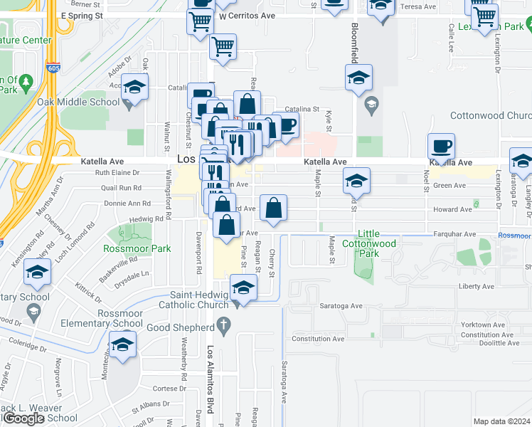 map of restaurants, bars, coffee shops, grocery stores, and more near 3684 Howard Avenue in Los Alamitos