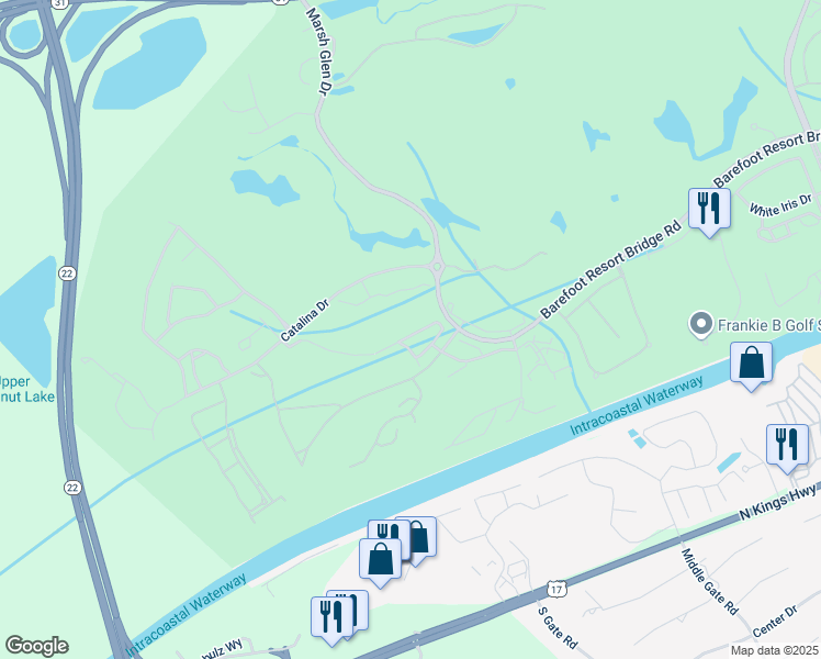 map of restaurants, bars, coffee shops, grocery stores, and more near 8 River Cross Road in North Myrtle Beach