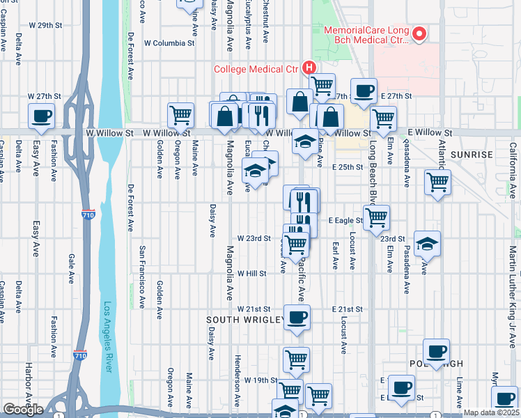 map of restaurants, bars, coffee shops, grocery stores, and more near 2383 Chestnut Avenue in Long Beach