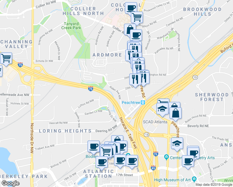 map of restaurants, bars, coffee shops, grocery stores, and more near 100 Alden Avenue Northwest in Atlanta