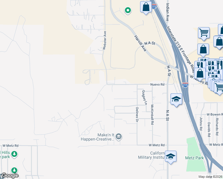 map of restaurants, bars, coffee shops, grocery stores, and more near 24003 Nuevo Road in Perris