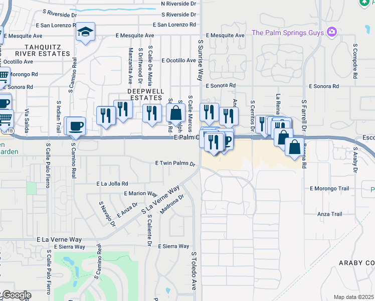 map of restaurants, bars, coffee shops, grocery stores, and more near 1655 East Palm Canyon Drive in Palm Springs