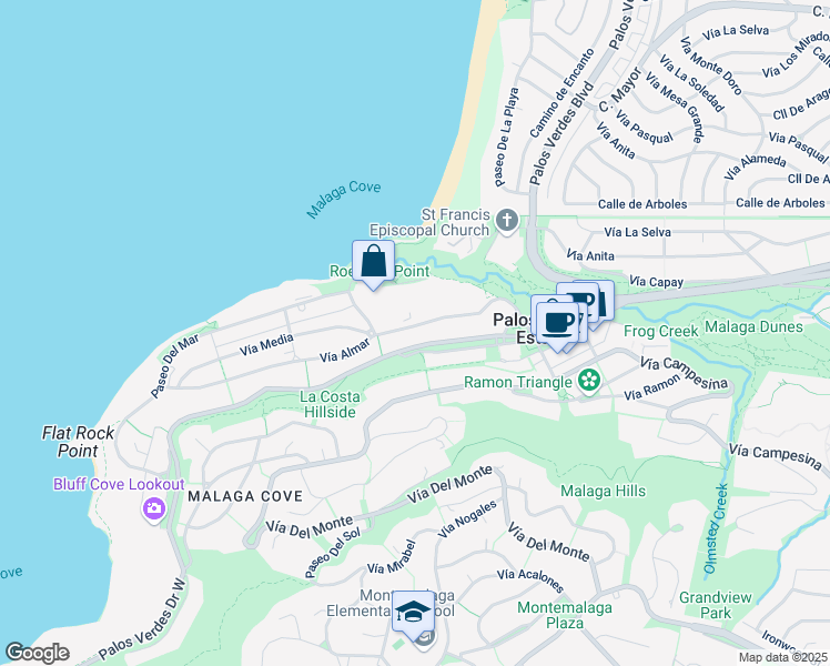 map of restaurants, bars, coffee shops, grocery stores, and more near 360 Vía Almar in Palos Verdes Estates