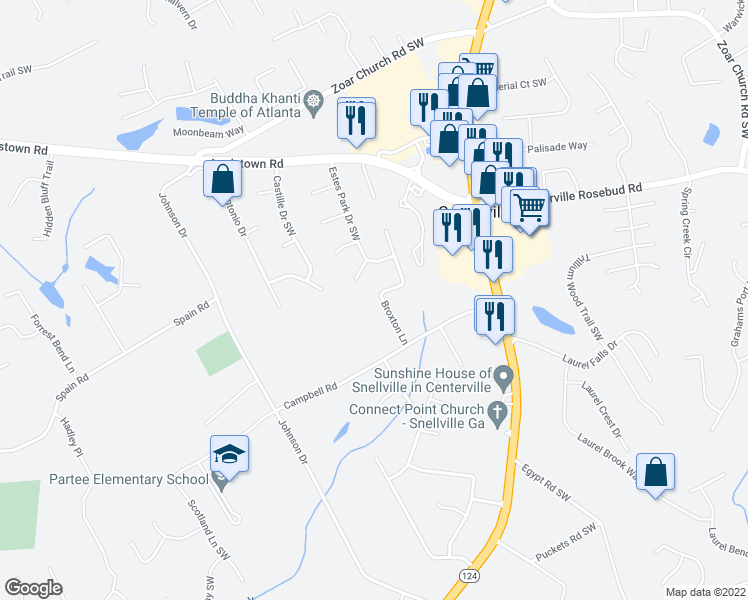 map of restaurants, bars, coffee shops, grocery stores, and more near 3555 Broxton Ln in Snellville