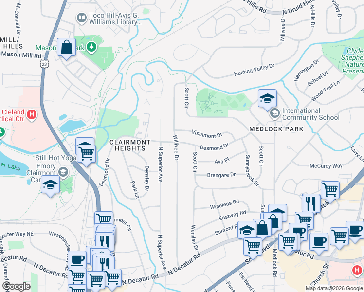 map of restaurants, bars, coffee shops, grocery stores, and more near 2221 Desmond Drive in Decatur