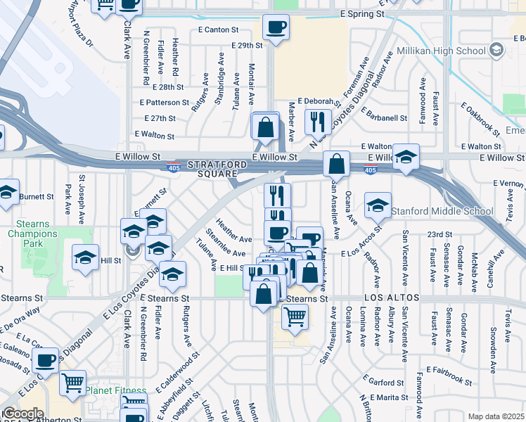 map of restaurants, bars, coffee shops, grocery stores, and more near 2381 North Bellflower Boulevard in Long Beach