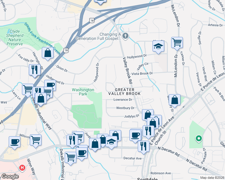 map of restaurants, bars, coffee shops, grocery stores, and more near 795 Cinderella Way in Decatur