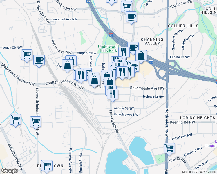 map of restaurants, bars, coffee shops, grocery stores, and more near 1203 Defoor Avenue Northwest in Atlanta