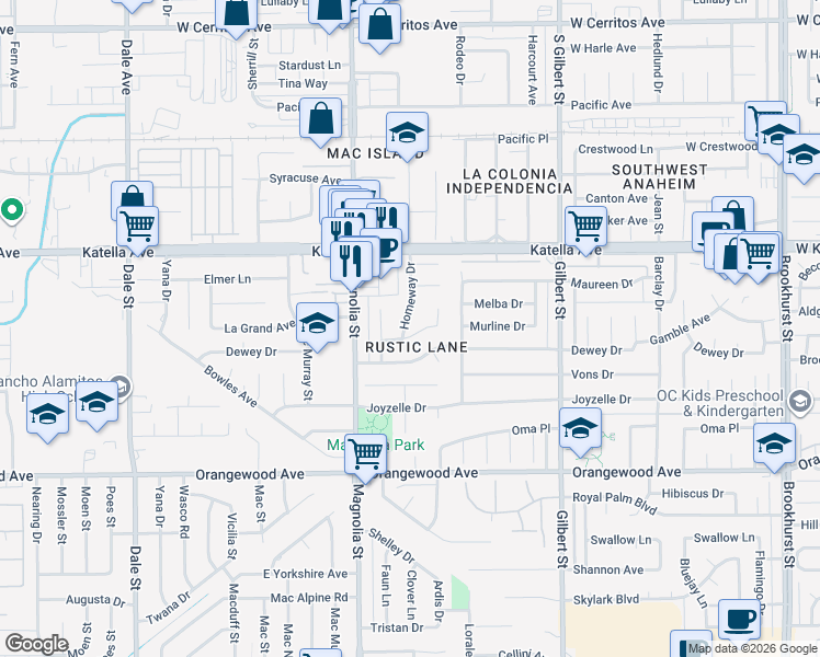 map of restaurants, bars, coffee shops, grocery stores, and more near 11172 Homeway Drive in Garden Grove