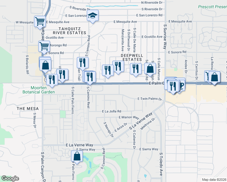 map of restaurants, bars, coffee shops, grocery stores, and more near 1111 East Palm Canyon Drive in Palm Springs