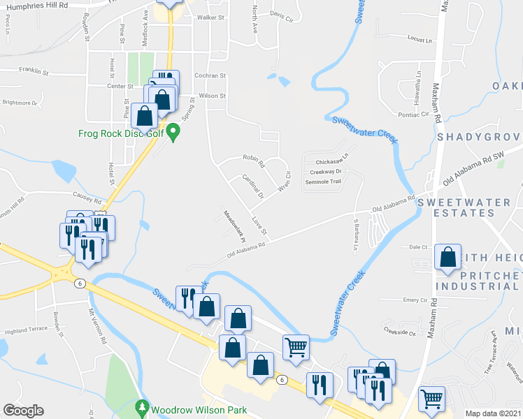 map of restaurants, bars, coffee shops, grocery stores, and more near 2638 Wren Circle in Austell