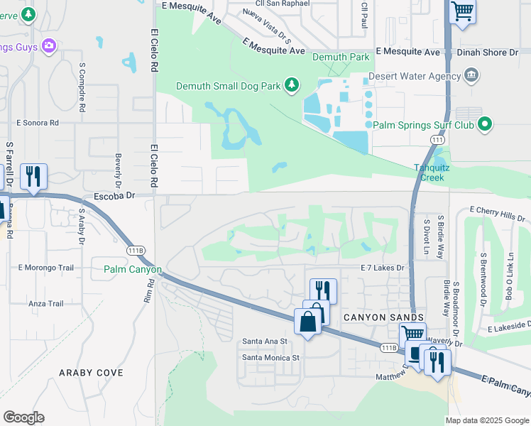 map of restaurants, bars, coffee shops, grocery stores, and more near 187 Desert Lakes Drive in Palm Springs