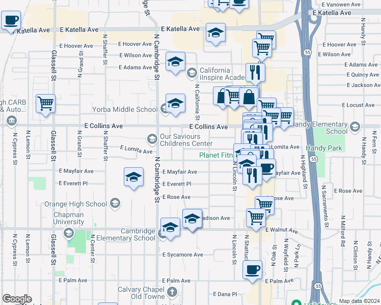 map of restaurants, bars, coffee shops, grocery stores, and more near 1124 East Lomita Avenue in Orange