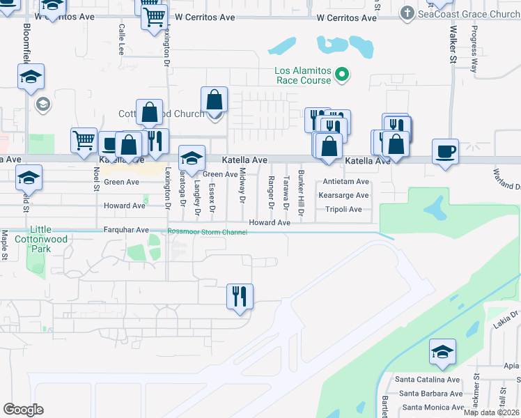 map of restaurants, bars, coffee shops, grocery stores, and more near 11152 Ticonderoga Drive in Los Alamitos