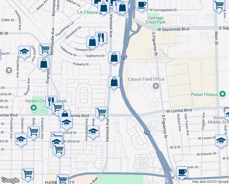 map of restaurants, bars, coffee shops, grocery stores, and more near 24500 Vermont Avenue in West Carson