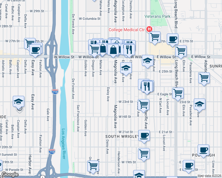 map of restaurants, bars, coffee shops, grocery stores, and more near 2401 Magnolia Avenue in Long Beach
