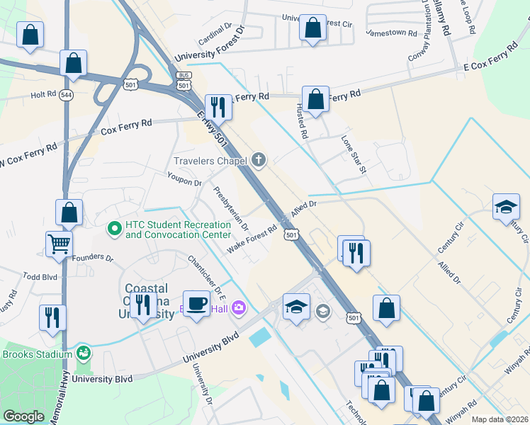 map of restaurants, bars, coffee shops, grocery stores, and more near 1793 U.S. 501 in Conway