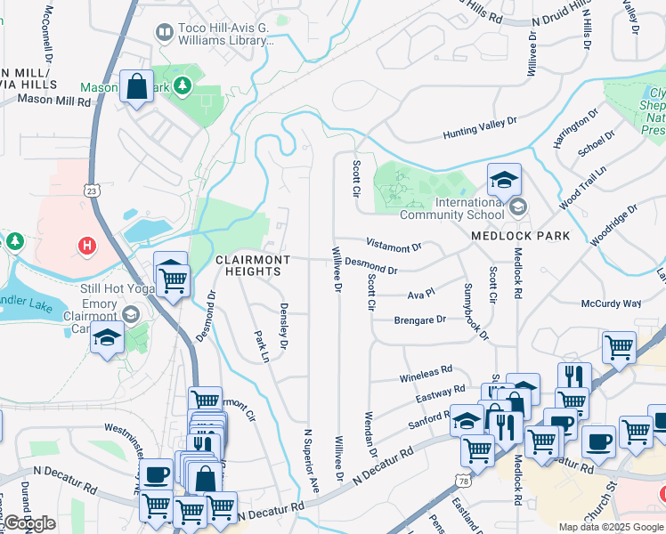 map of restaurants, bars, coffee shops, grocery stores, and more near 2205 Desmond Drive in Decatur