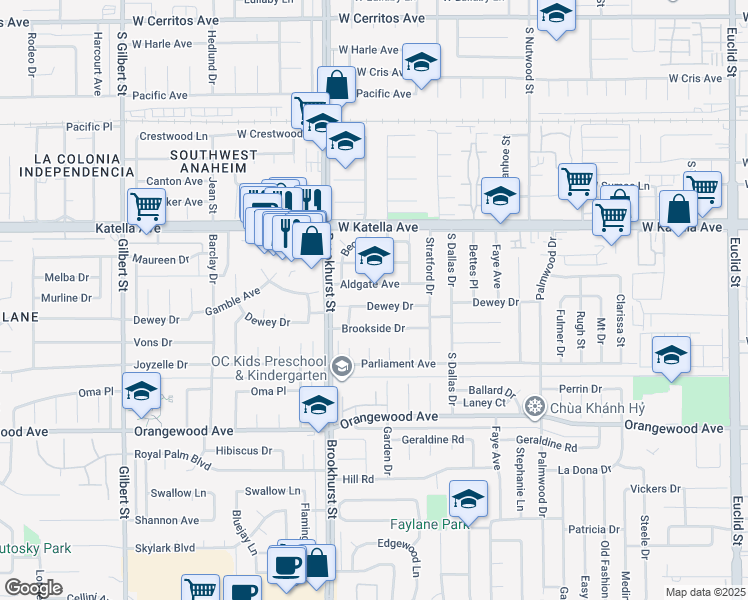 map of restaurants, bars, coffee shops, grocery stores, and more near 10111 Dewey Drive in Garden Grove