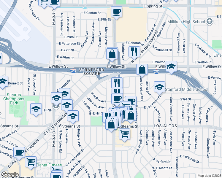 map of restaurants, bars, coffee shops, grocery stores, and more near 2381 North Bellflower Boulevard in Long Beach
