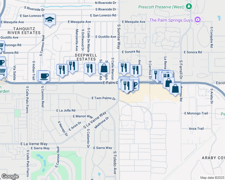 map of restaurants, bars, coffee shops, grocery stores, and more near 1655 East Palm Canyon Drive in Palm Springs