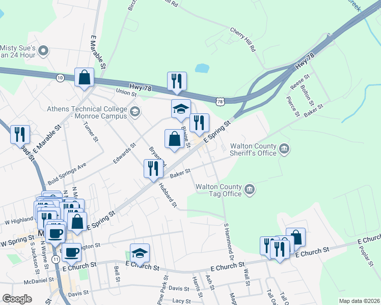 map of restaurants, bars, coffee shops, grocery stores, and more near 901 East Spring Street in Monroe