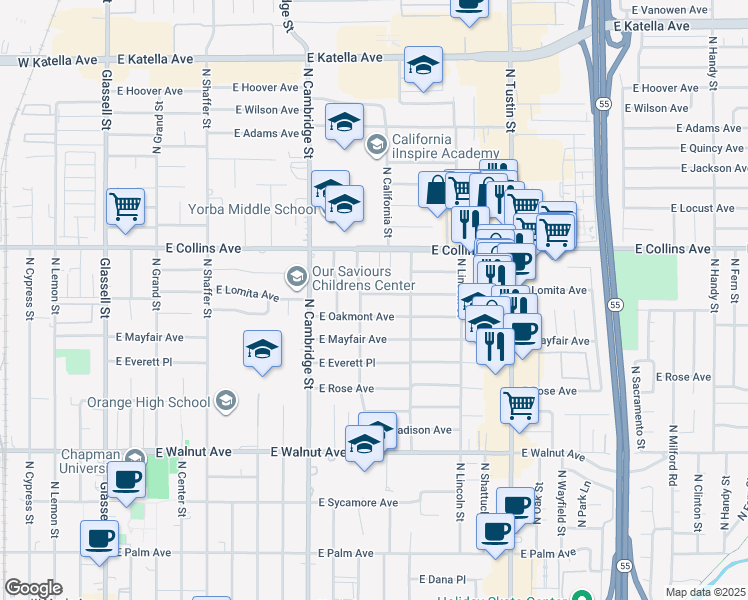 map of restaurants, bars, coffee shops, grocery stores, and more near 1124 East Lomita Avenue in Orange