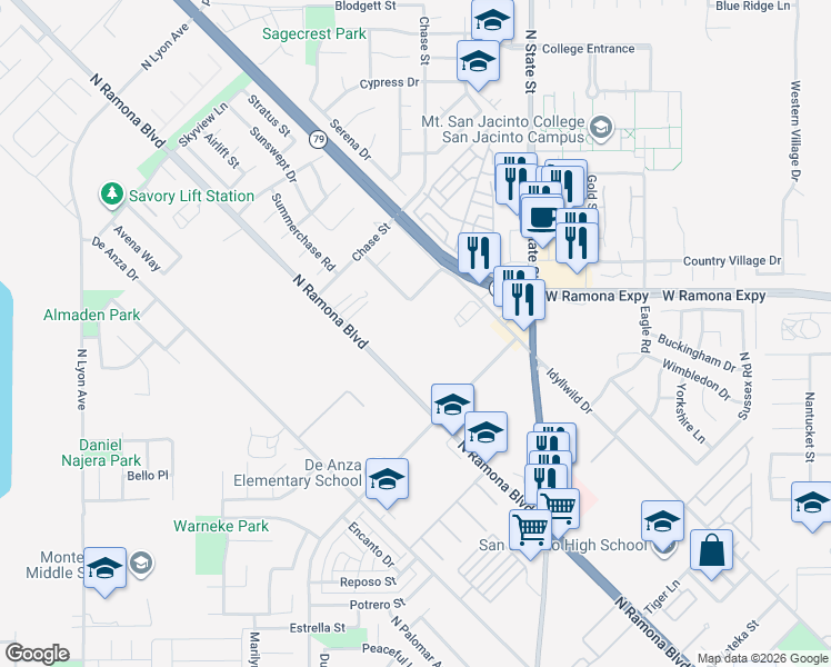 map of restaurants, bars, coffee shops, grocery stores, and more near 1187 N Ramona Blvd in San Jacinto