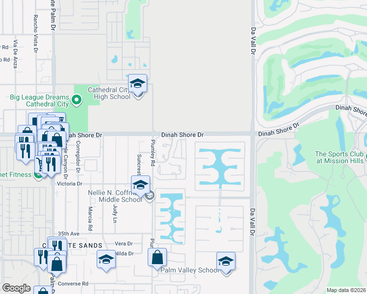 map of restaurants, bars, coffee shops, grocery stores, and more near 34121 Denise Way in Rancho Mirage