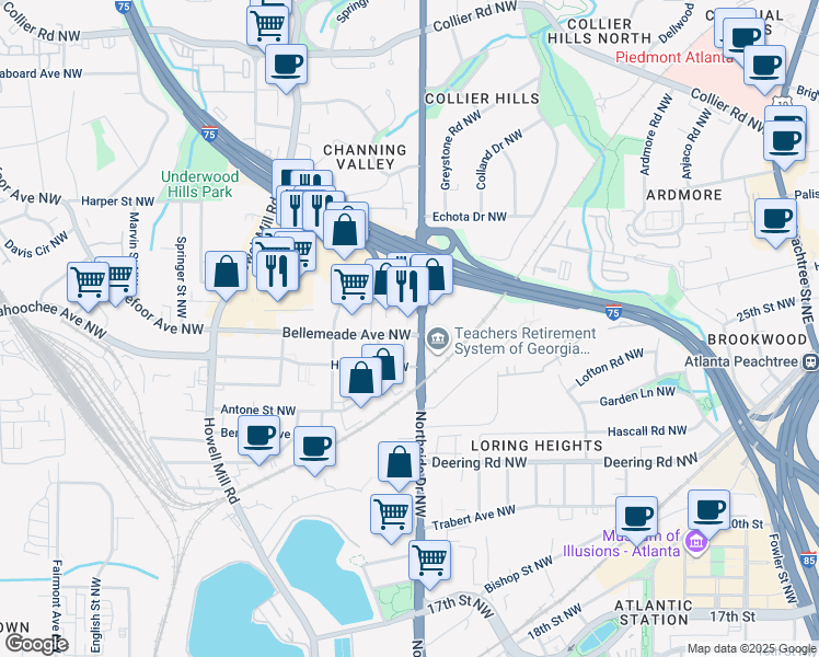 map of restaurants, bars, coffee shops, grocery stores, and more near 1700 Northside Drive Northwest in Atlanta