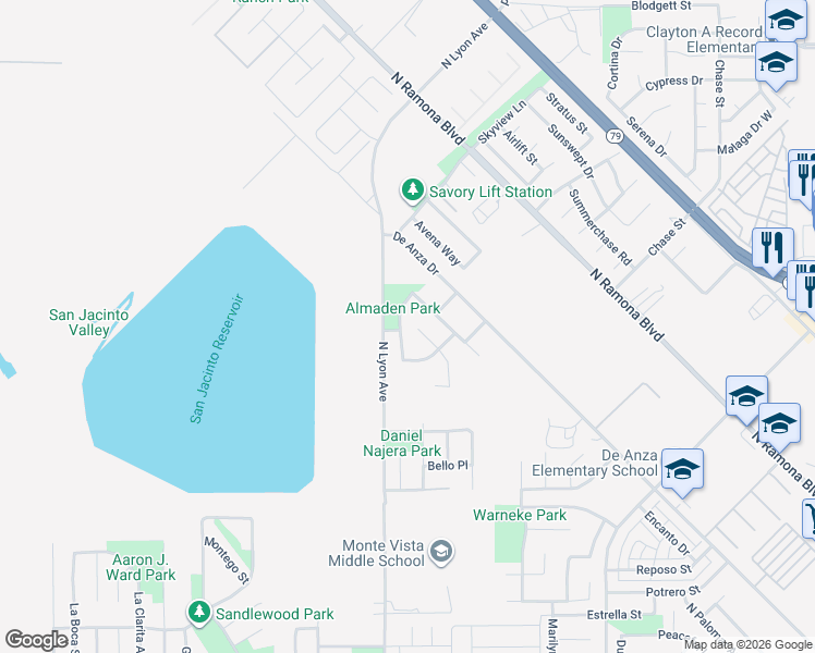 map of restaurants, bars, coffee shops, grocery stores, and more near 1063 Eden Valley Way in San Jacinto