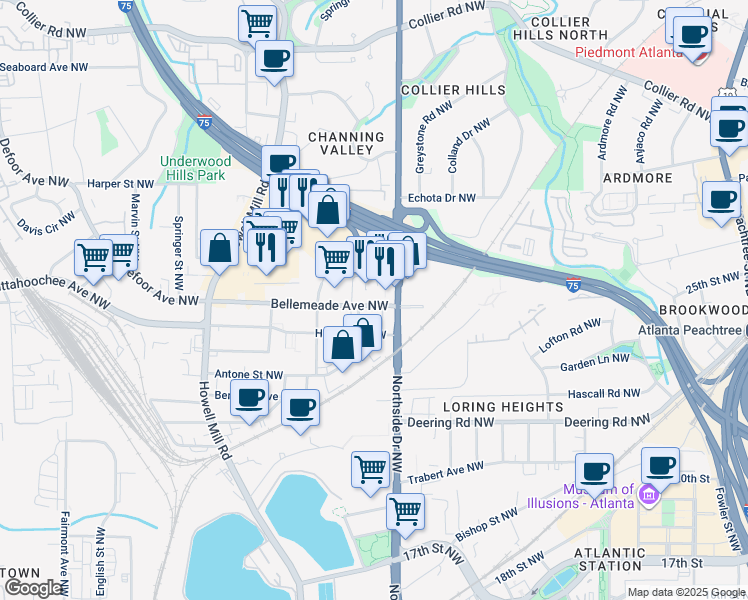 map of restaurants, bars, coffee shops, grocery stores, and more near 1700 Northside Drive Northwest in Atlanta