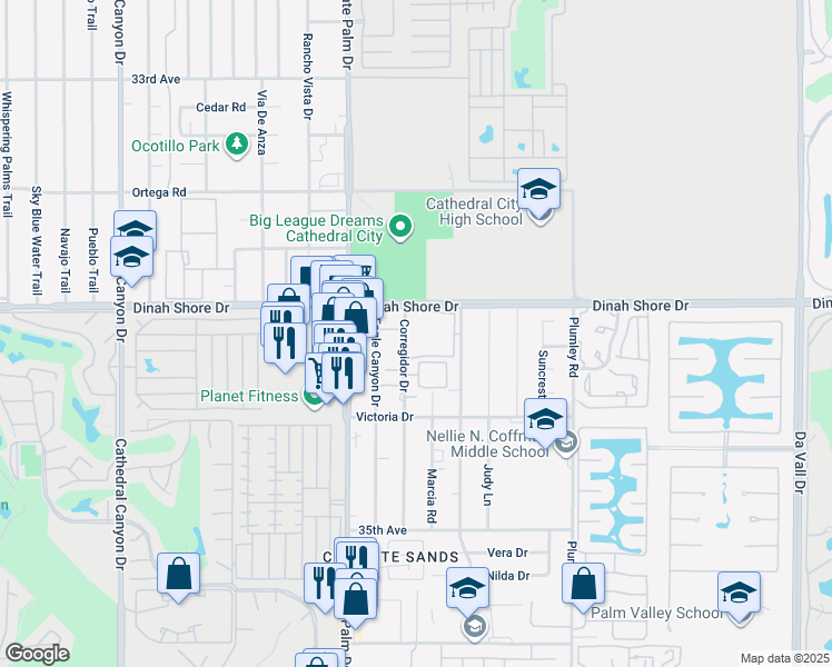 map of restaurants, bars, coffee shops, grocery stores, and more near 20 Corregidor Drive in Cathedral City