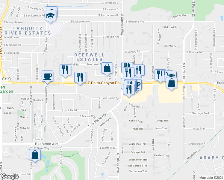 map of restaurants, bars, coffee shops, grocery stores, and more near 1675 East Palm Canyon Drive in Palm Springs