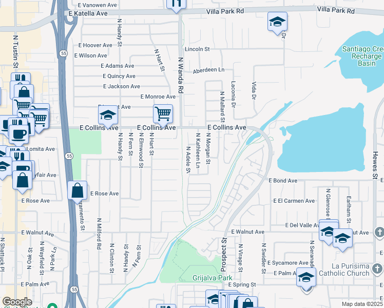 map of restaurants, bars, coffee shops, grocery stores, and more near 820 North Kathleen Lane in Orange
