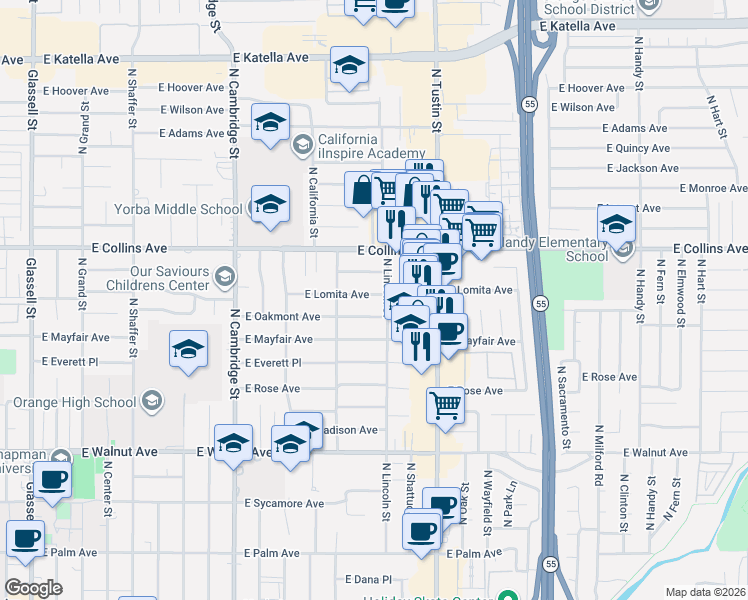 map of restaurants, bars, coffee shops, grocery stores, and more near 1419 East Lomita Avenue in Orange