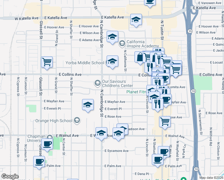 map of restaurants, bars, coffee shops, grocery stores, and more near 823 North Waverly Street in Orange