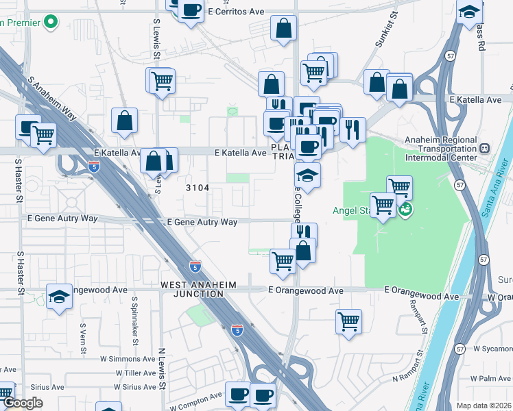 map of restaurants, bars, coffee shops, grocery stores, and more near in Anaheim