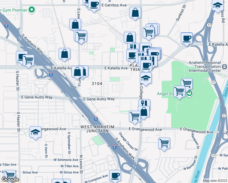 map of restaurants, bars, coffee shops, grocery stores, and more near 1890 South Chris Lane in Anaheim