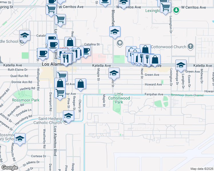 map of restaurants, bars, coffee shops, grocery stores, and more near 3963 Howard Avenue in Los Alamitos