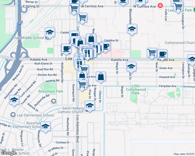 map of restaurants, bars, coffee shops, grocery stores, and more near 3721 Howard Avenue in Los Alamitos